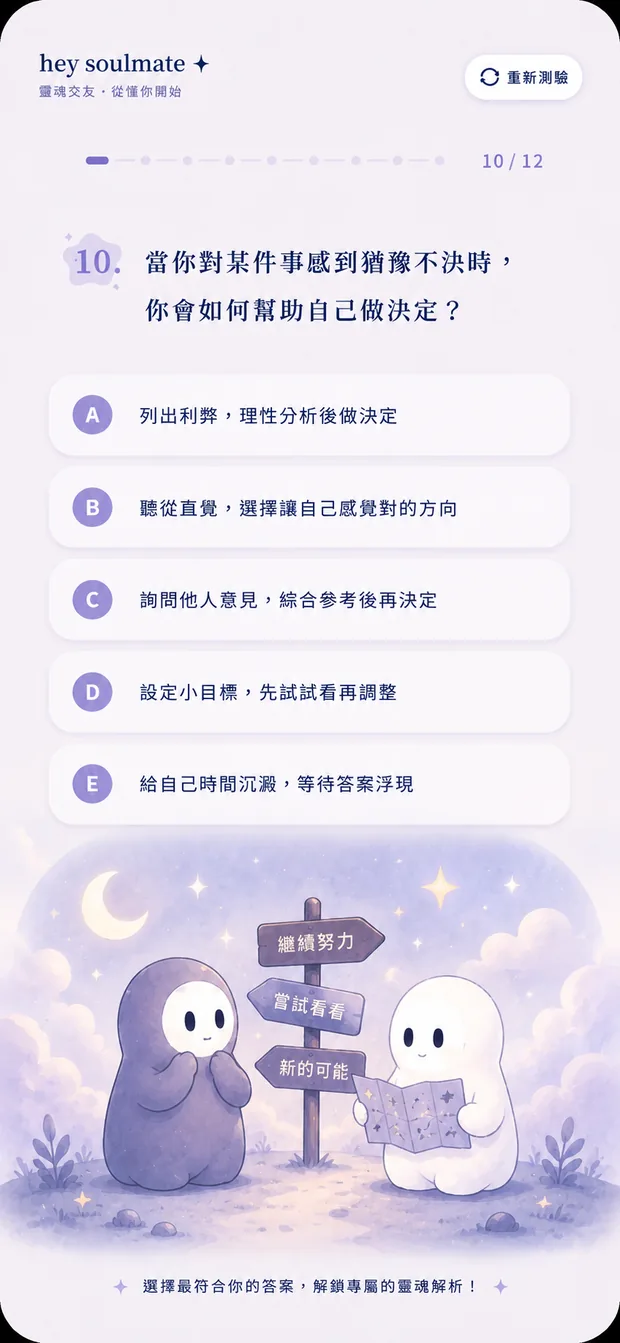 靈魂測驗手機畫面：第 10 題，兩隻小精靈喺月光下睇路牌